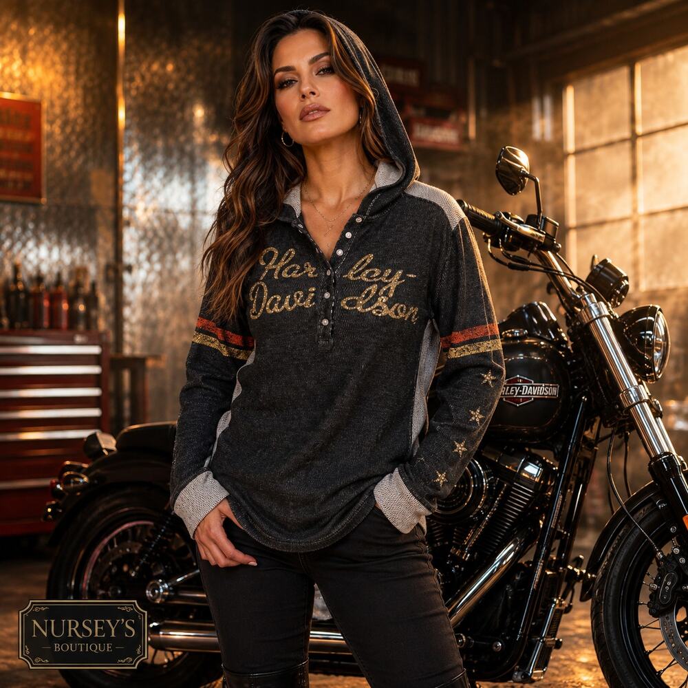 Harley-Davidson Women’s L Rhinestone Hooded Henley Y2K Biker Top